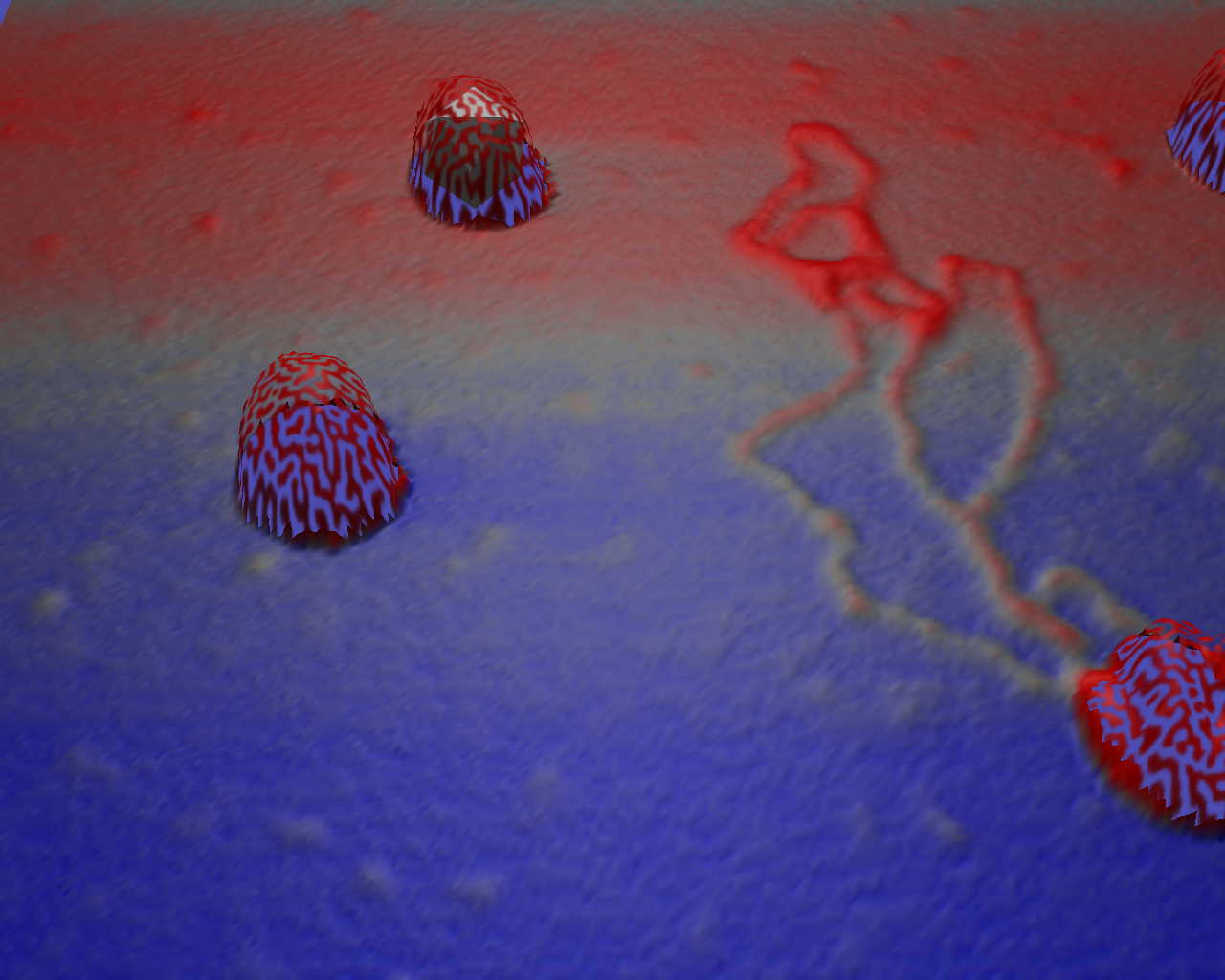 This image of adenovirus on a silicon substrate was scanned using the nanoManipulator. An adenovirus capsid has disrupted, spilling its DNA onto the surface in a tangle. The portion of the image above a certain height has been made semitransparent by adding an opacity texture. This enables us to see through the image to the icosahedral model of an adenovirus drawn with the virus in the upper left corner. Surface color is according to height. The surface has a slight slope, resulting in uniform blue, gray, and red areas. 