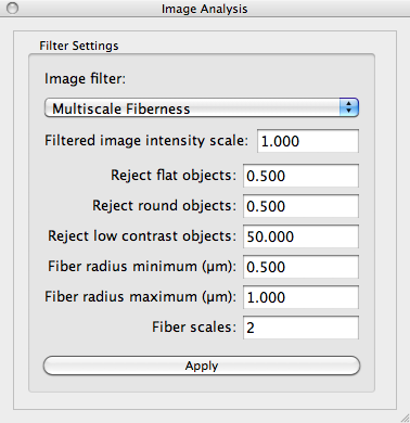 Image Analysis window with settings for the Multiscale Fiberness filter.