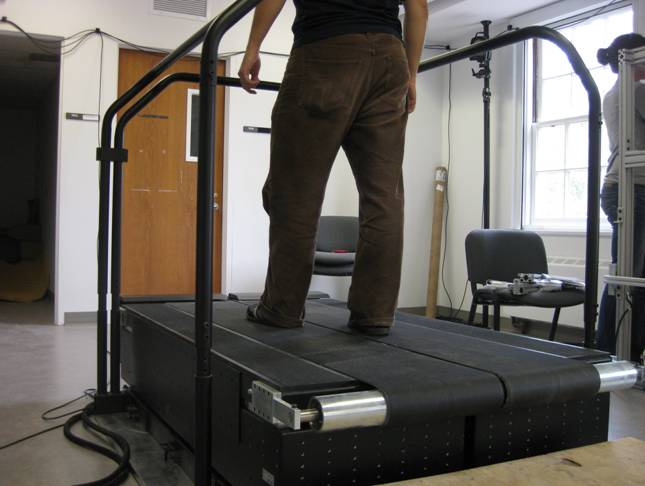 Bertec dual-belt treadmill. Each belt is mounted on a force plate from which ground reaction forces in three axes can be read. This photo was taken before the virtual environment projection display system was installed.